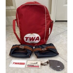 1970s Vintage TWA (Trans World Airlines) Red Carry-On Travel & 2Toiletry Bag Tag